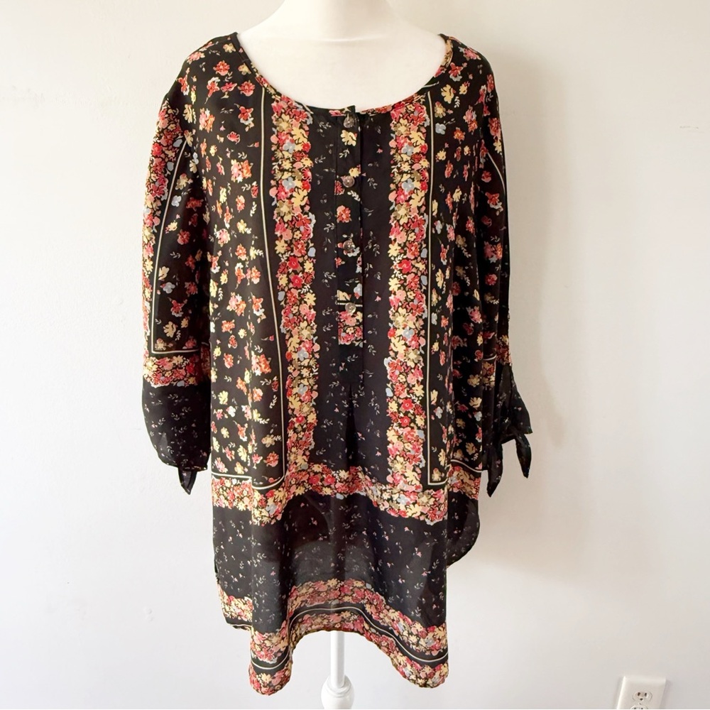 Roz & Ali Women Tie Sleeve Floral Top 2X‎ Boho Dark Romance Casual Office